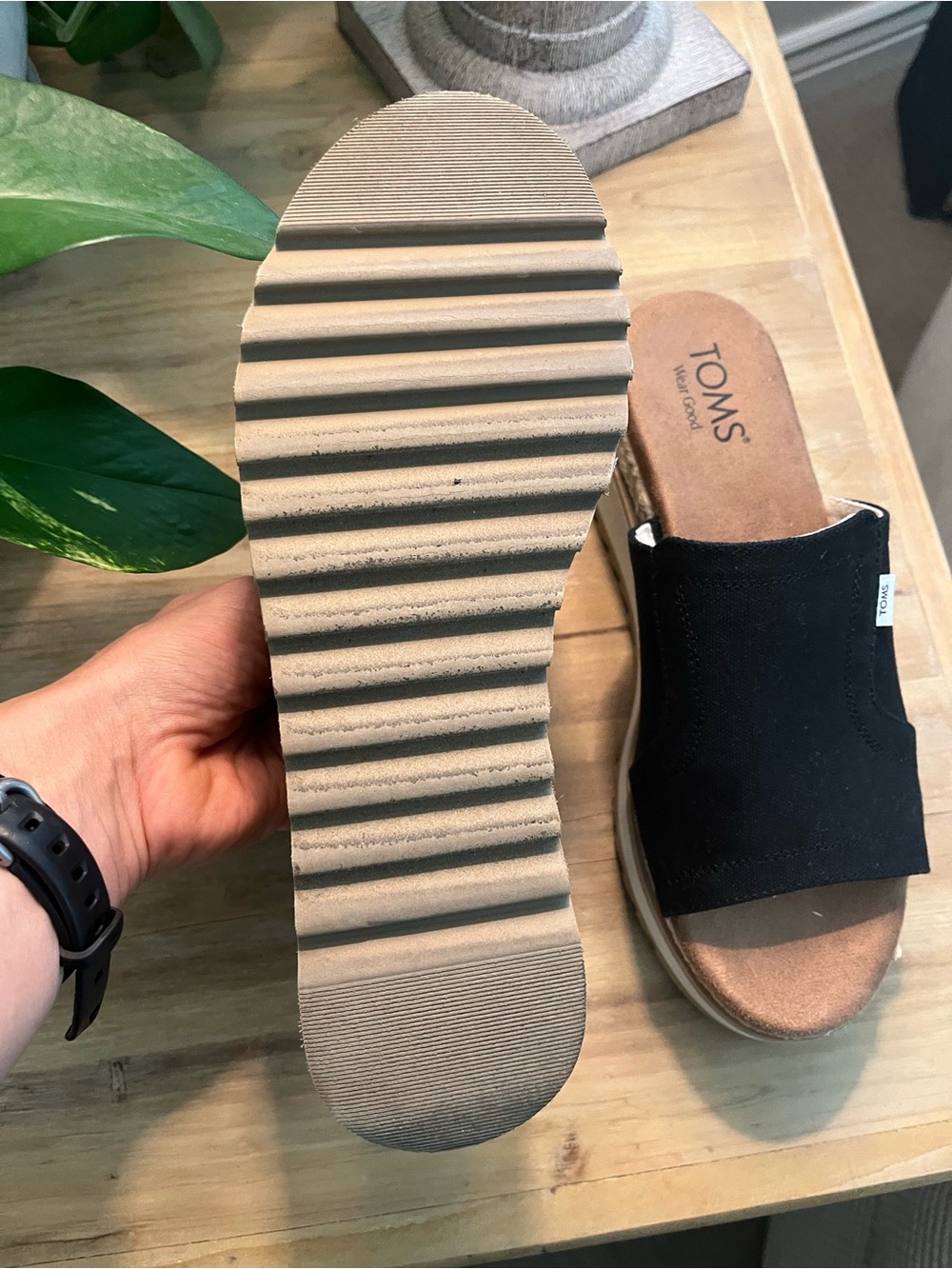 TOMS Black Canvas Wedge Slide Sandals - Picture 6 of 7